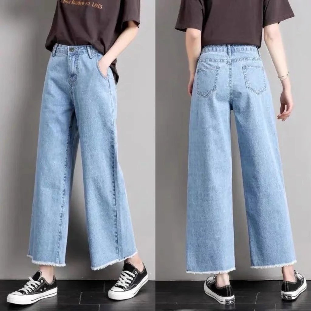 Quần Jean Nữ Suông Ống Rộng Bigsize 55-90kg Lưng Cao, Tua Lai, quần bò nữ ống rộng dáng xuông