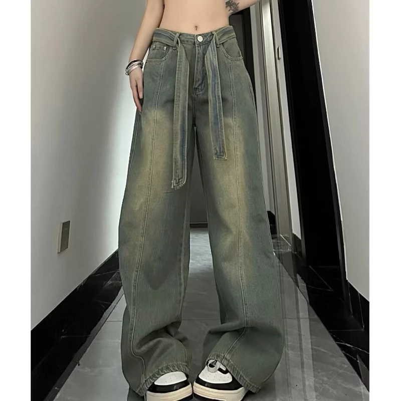 Quần bò jeans nữ ống rộng, quần suông kèm đai to lưng cao mài bạc đùi chất dày dặn phong cách trẻ trung