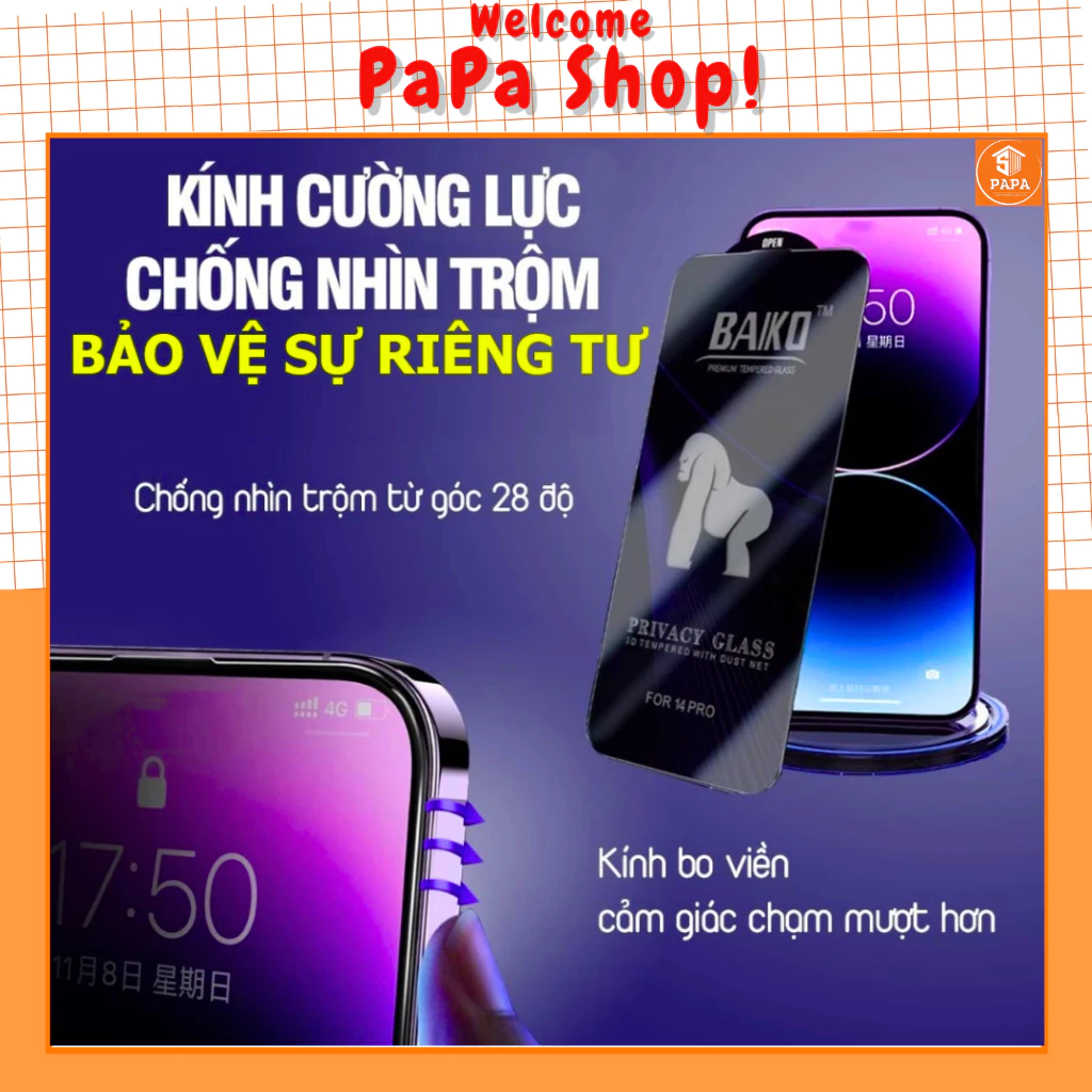 Kính cường lực Baiko chống nhìn trộm iphone 16ProMax 15Promax 14 ProMax X Xs Max Xr 7 8 Plus 16 15 14 13 12 11 Pro Max