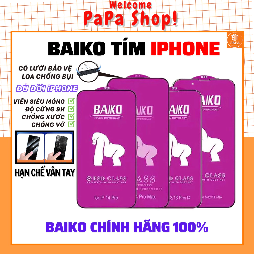 Kính cường lực Baiko iphone 17 Promax Air 16 ProMax 15 Promax 14 13 X Xs Max Xr 7 8 Plus 16 15 14 13 12 11 Pro Max