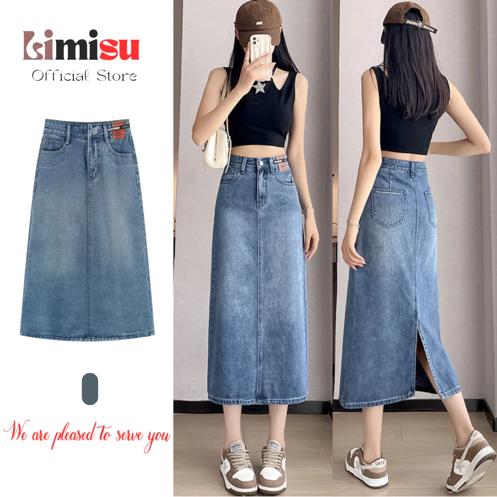 Chân váy jean dáng dài LIMISU váy bò dài lưng cao dáng chữ A xẻ tà sau chất jean cao cấp V1