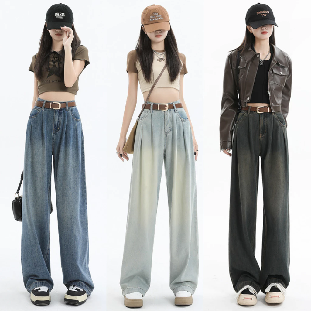 Quần Jean Nữ Xếp Ly Lưng Cao Ống Suông Dáng Rộng dài Màu Sáng Thu Đông chất bò mềm không phai Hottrend Phong Cách Retro