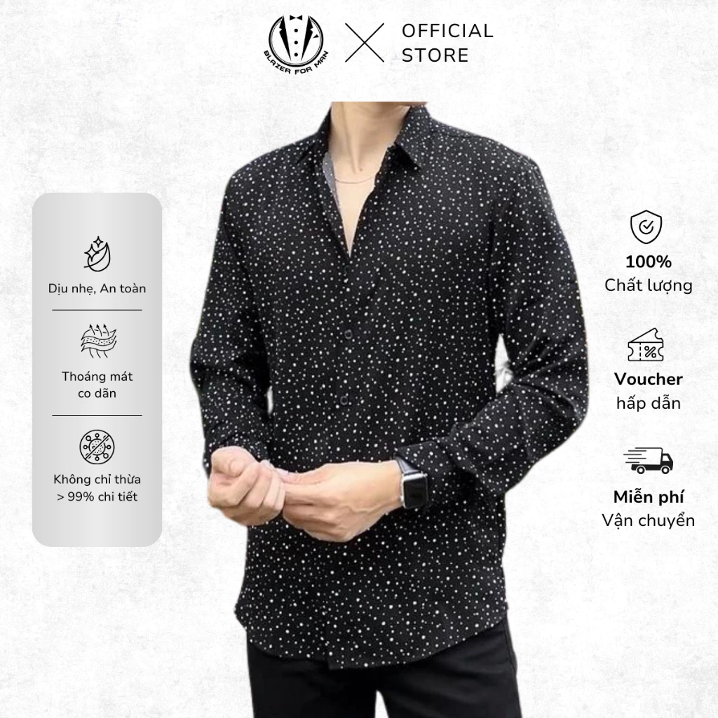 Áo Sơ Mi Lụa Nam Dài Tay Họa Tiết Sao PLATMAN Thiết Kế Đuôi Tôm Chống Nhăn Dáng Slimfit - Blazer For Man