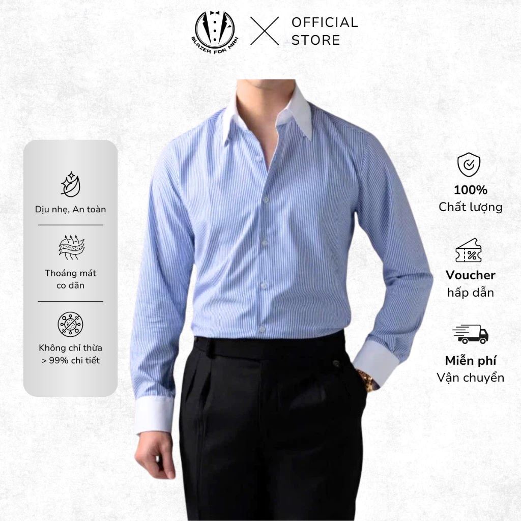 Áo Sơ Mi Nam Kẻ Sọc Xanh Phối Cổ Trắng TUTO5 Menswear Dài Tay Chống Nhăn Dáng Slimfit Hàn Quốc SMK01