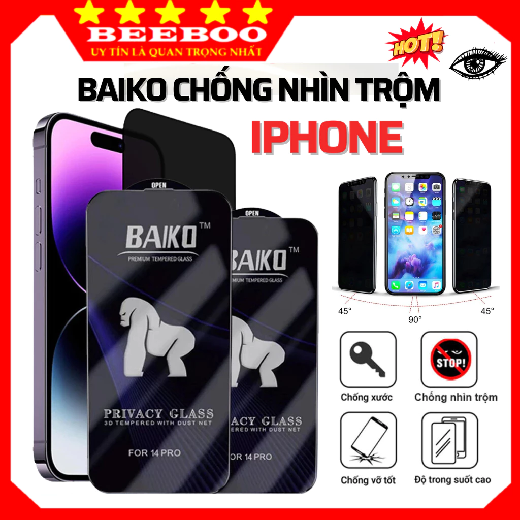 Kính cường lực baiko iphone chống nhìn trộm 16 ProMax 17 PRM 11 pro max 12 pro max 13 14 15 pro max x xr xs max 7 8 plus