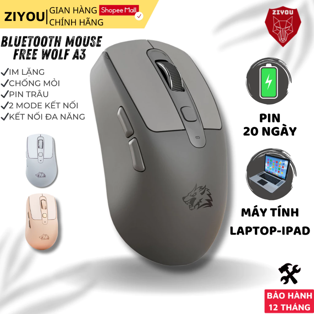 Chuột Bluetooth Không Dây Ziyou Free Wolf A3 Chip PAW3212 Siêu Mượt Dùng Văn Phòng, Chơi Game