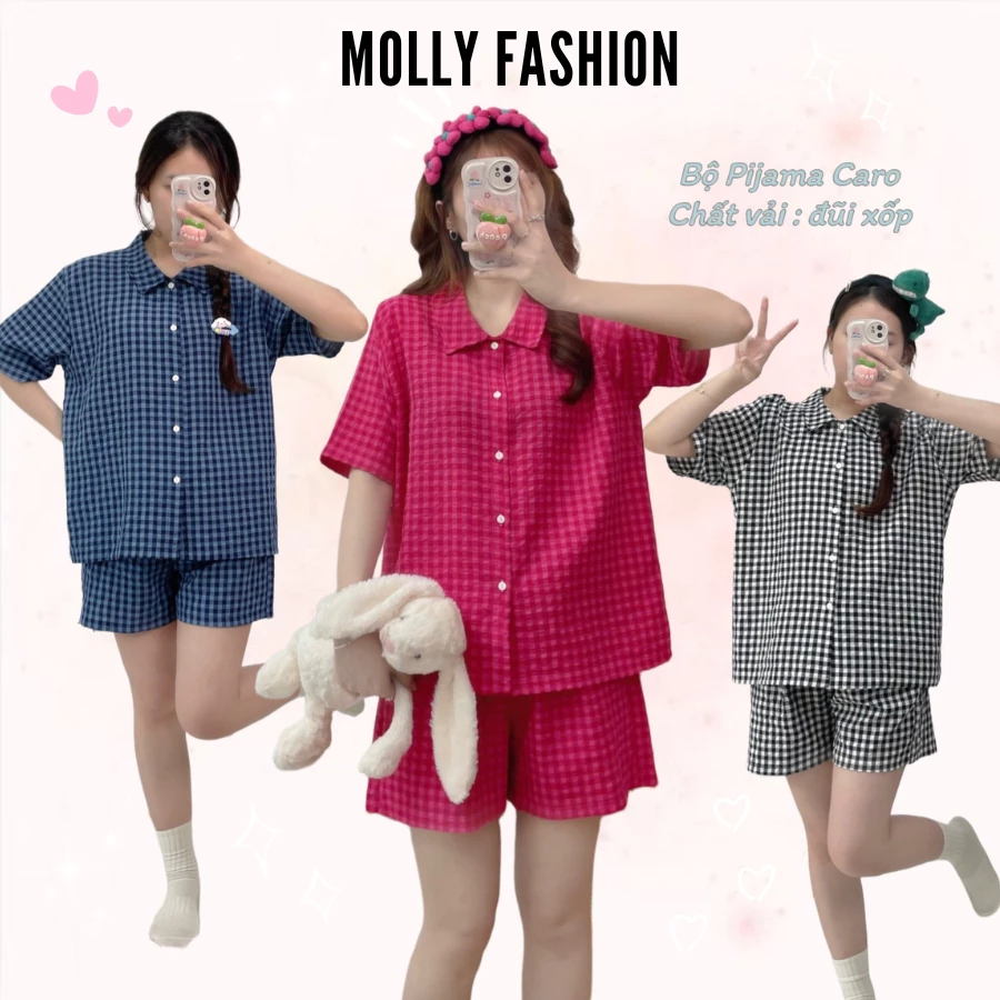 Đồ ngủ pijama nữ CARO XỐP form rộng | Bộ ngủ hoạt hình mặc nhà dễ thương Molly Fashion