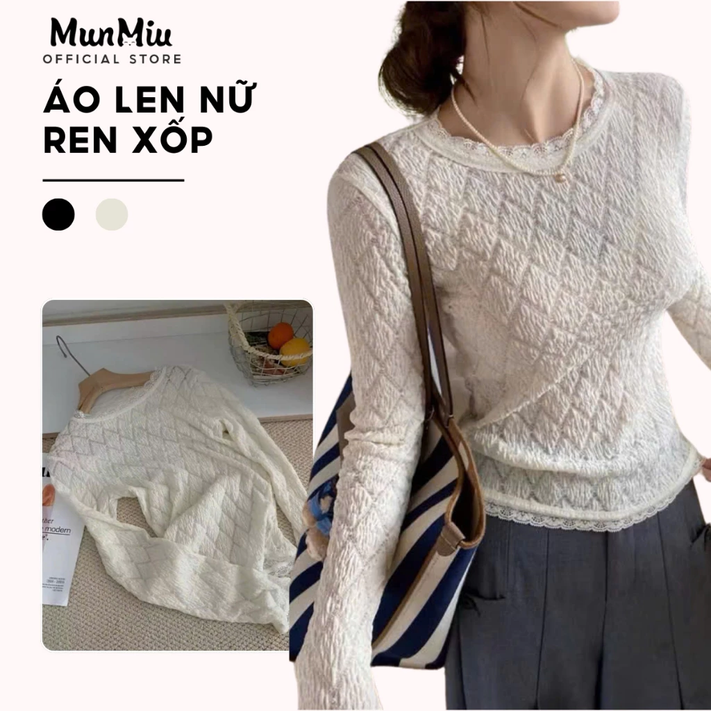 Áo len nữ MunMiu dài tay ren xốp chia ô lưới cổ viền ren dáng ôm style Hàn Quốc 3442
