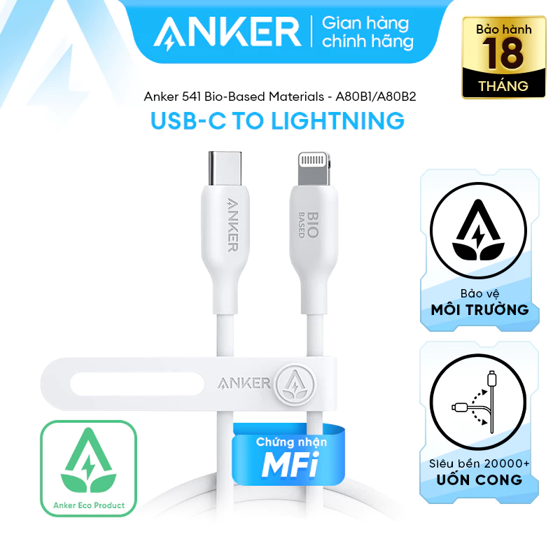 Cáp Sạc Nhanh ANKER 542 BioBased USB-C to L đạt MFi thích hợp iPhone 14 trở xuống - A80B1/2