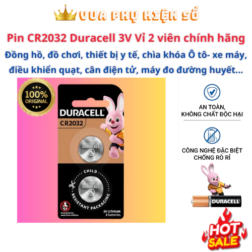 Pin CR2032 Duracell 3V LOẠI XỊN vỉ 2 viên chính hãng cho Đồng hồ, thiết bị y tế, máy đo đường huyết
