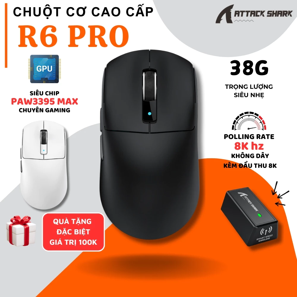 Chuột Cơ Không Dây Attack Shark R6 Chip Paw3395 Max Trong Lượng Siêu Nhẹ, App Tùy Chỉnh