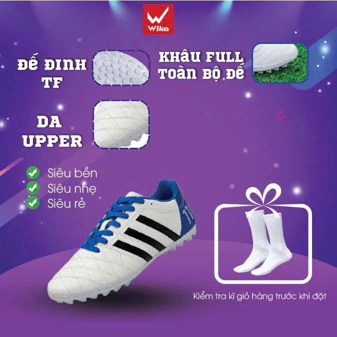 Giày Đá Bóng  Toni Kroos 11pro 3 Sọc Wika, Giày Bóng Đá Nam Nữ Trẻ Em Ba Sọc Sân Cỏ Nhân Tạo Chính Hãng Khâu Full Đế