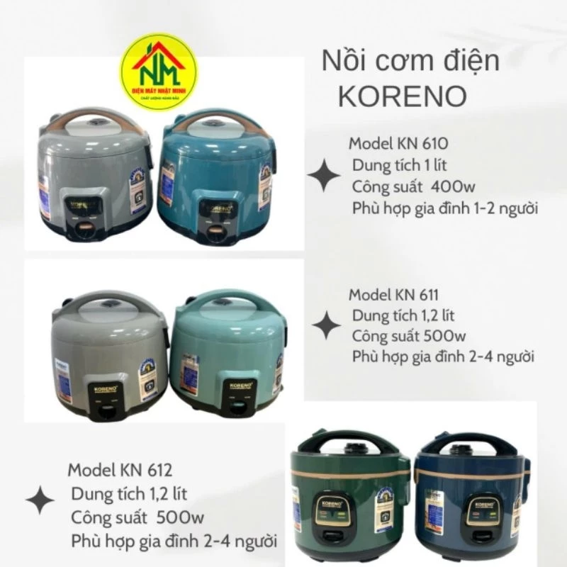 Nồi cơm điện Koreno 1l,1,2L, công nghệ Thái Lan, chính hãng bảo hành 12 tháng