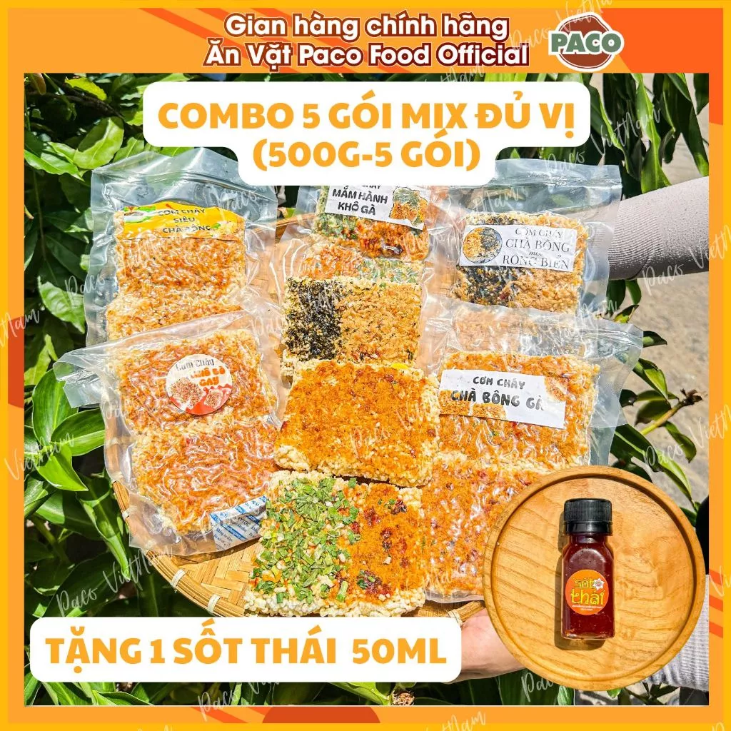Set 5 gói cơm cháy mix đủ 5 vị ( 5 gói 500g) Tặng 1 sốt thái 50ml Paco Food mắm hành siêu chà bông rong biển khô bò