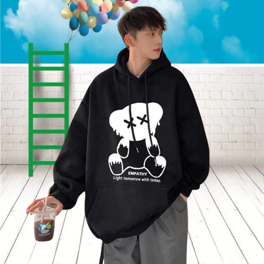 Áo hoodie nỉ ngoại ulzzang nam nữ unisex cặp đôi khoác choàng chui đầu chống nắng có nón in hình gấu EMPATHY K1