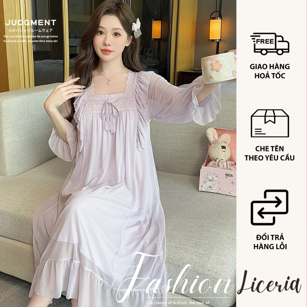 Đầm Ngủ Dài Tay Thu Đông LICERIA 39 Phong Cách Công Chúa Chất Voan Lưới Mềm Mịn Có Đệm Ngực