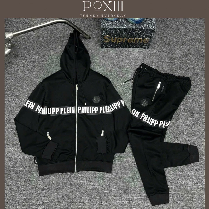 Bộ Hoodie Zip Philippp Pleinnn Khoá PP Vải Nỉ Chân Cua - Bộ Quần Áo Nam Nữ Có Mũ In Chữ