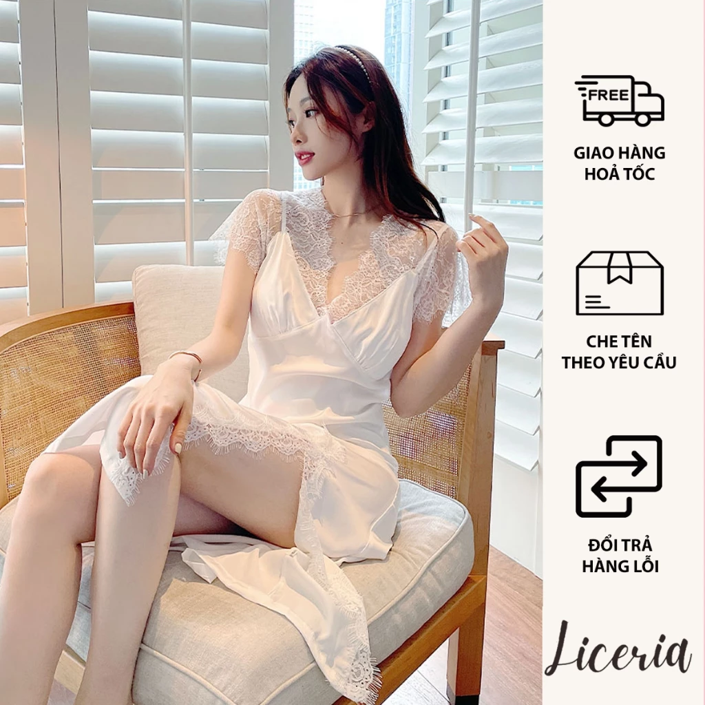 Đầm Ngủ Lụa Dáng Dài Pha Ren Sang Chảnh, Gợi Cảm LICERIA
