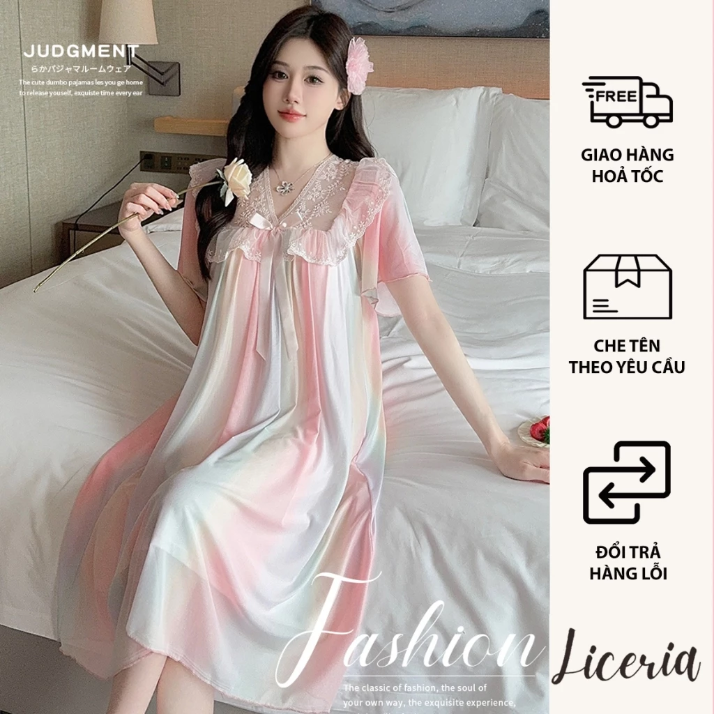 Đầm Ngủ Cầu Vồng Phong Cách Cung Điện Có Miếng Đệm Ngực Cho Nữ, Đồ Ngủ Ngắn Tay Dạng Lưới Mỏng Mùa Hè LICERIA 3917.