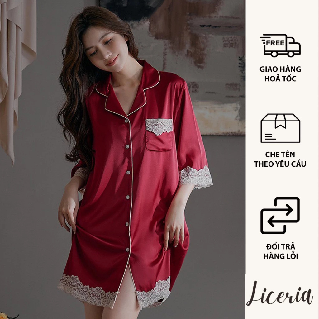 Váy Ngủ Lụa Kiểu Dáng Sơ Mi LICERIA  Form Rộng Hàng Cao Cấp
