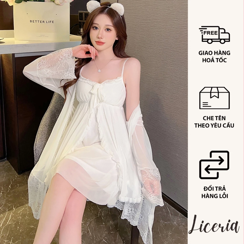 Bộ Đầm Ngủ Hai Dây Kết Hợp Áo Khoác LICERIA 107 Phong Cách Tiểu Thư Ngọt Ngào Có Bán Rời.