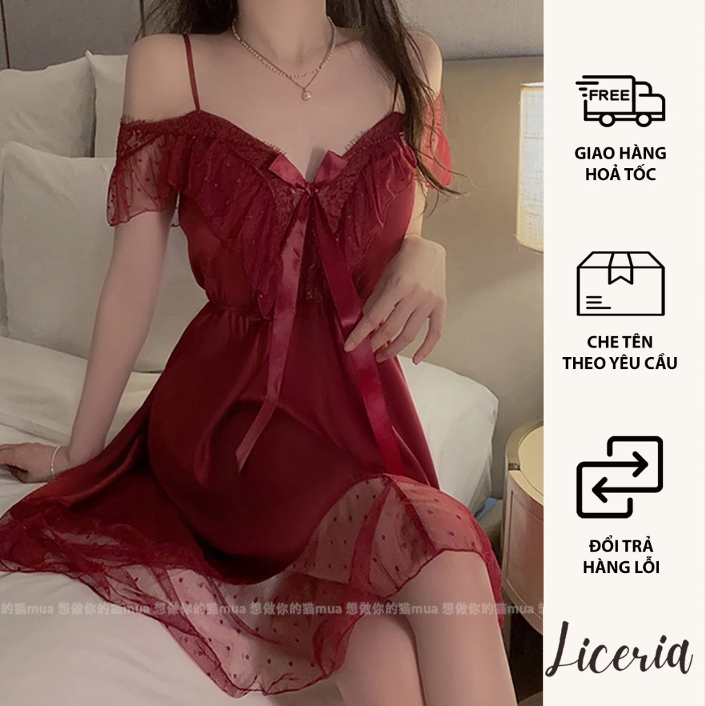 Đầm Ngủ Lụa Hai Dây LICERIA 2535 Trễ Vai Phong Cách Sang Chảnh, Gợi Cảm.
