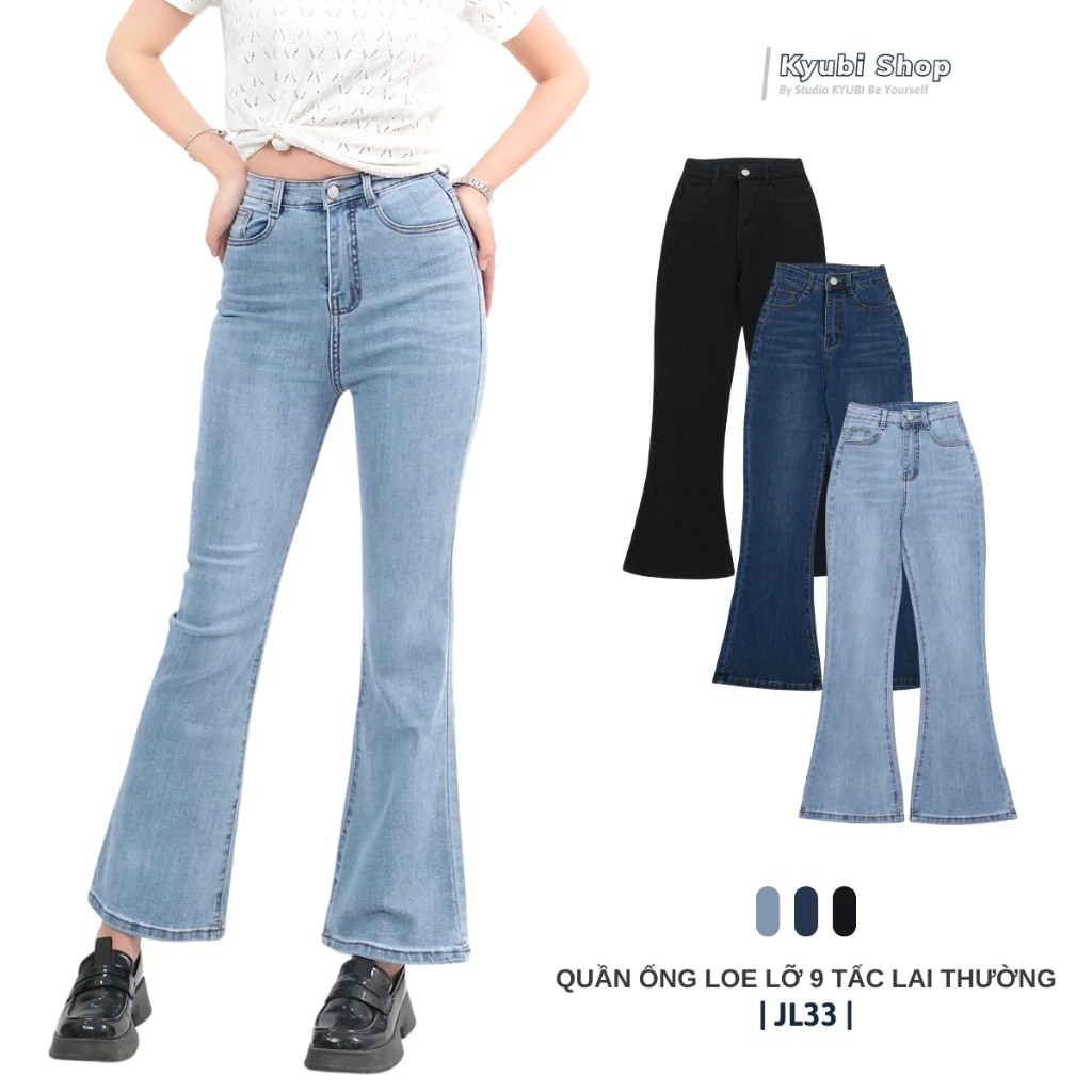 Quần jean ống loe 9 tấc cạp cao KYUBI, quần bò ống loe dáng lỡ phong cách Hàn Quốc co dãn 4 chiều cao cấp - JL33