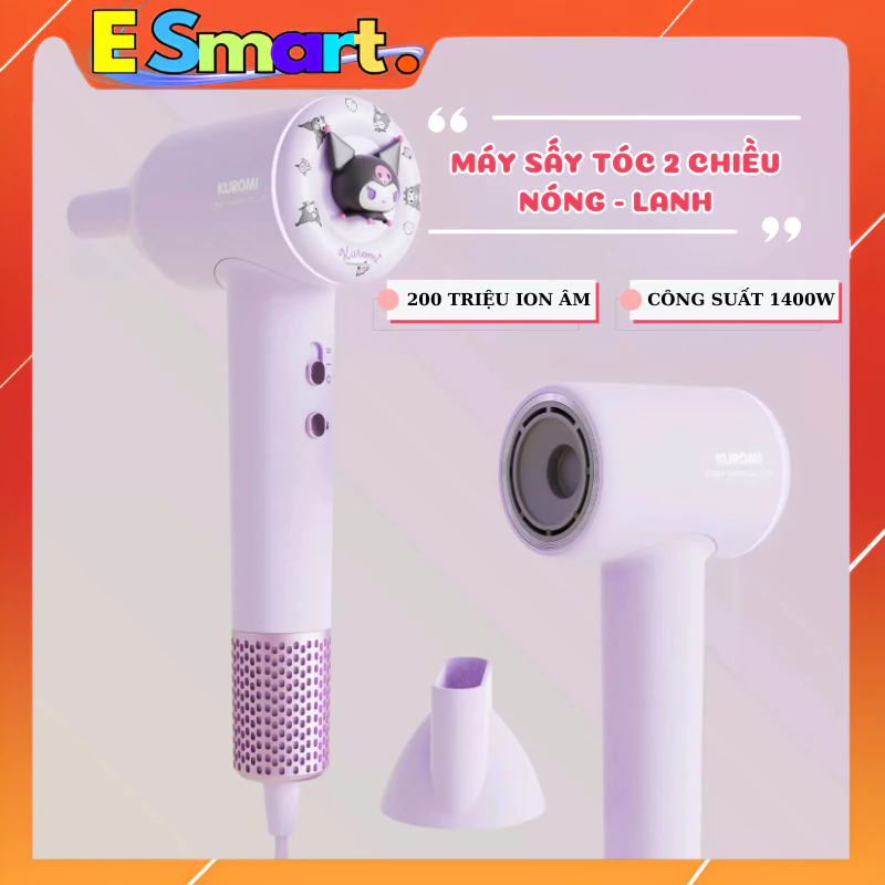 Máy Sấy Tóc ION Âm Cao Cấp 2 Chiều Nóng Lạnh Kuromi Cún Trắng Melody Công Suất 1400W, 3 Chế Độ Sấy Chăm Sóc Tóc An Toàn