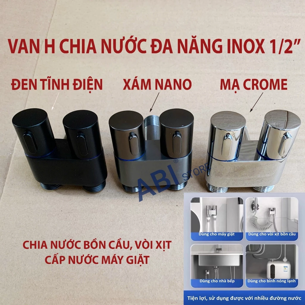 Van chia nước bồn cầu, vòi xịt vệ sinh, cấp nước máy giặt chữ H inox chống gỉ 2 van khóa