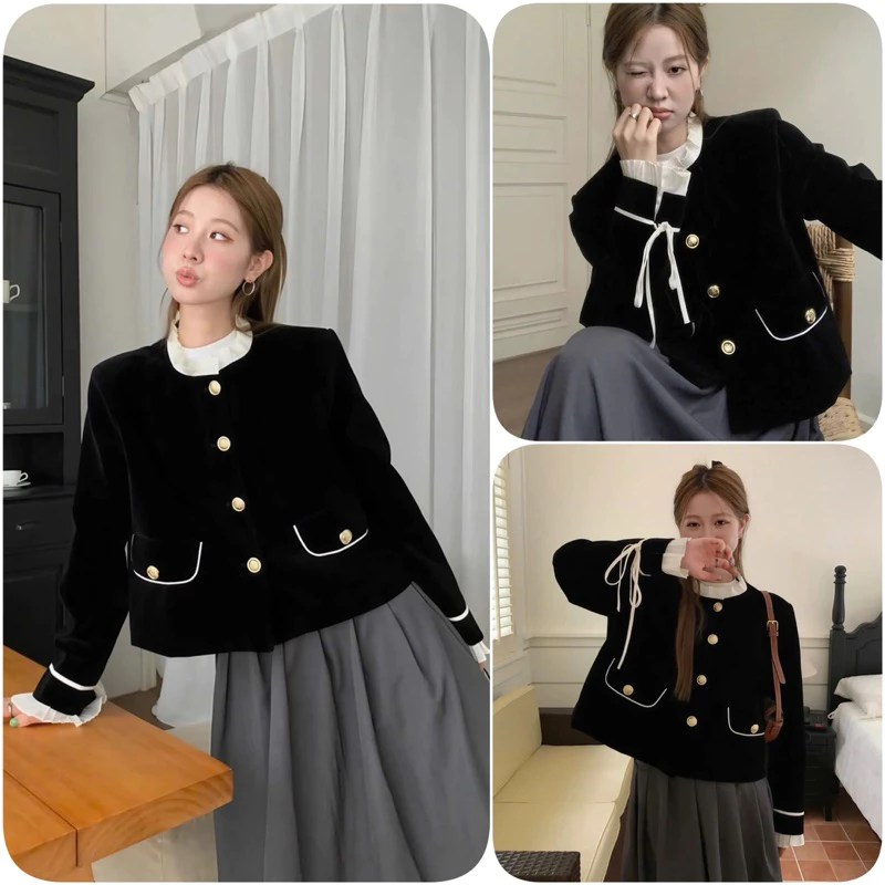 Áo Khoác Nhung Sang Chảnh Phối Cổ Bèo Tay Bèo 2 Lớp