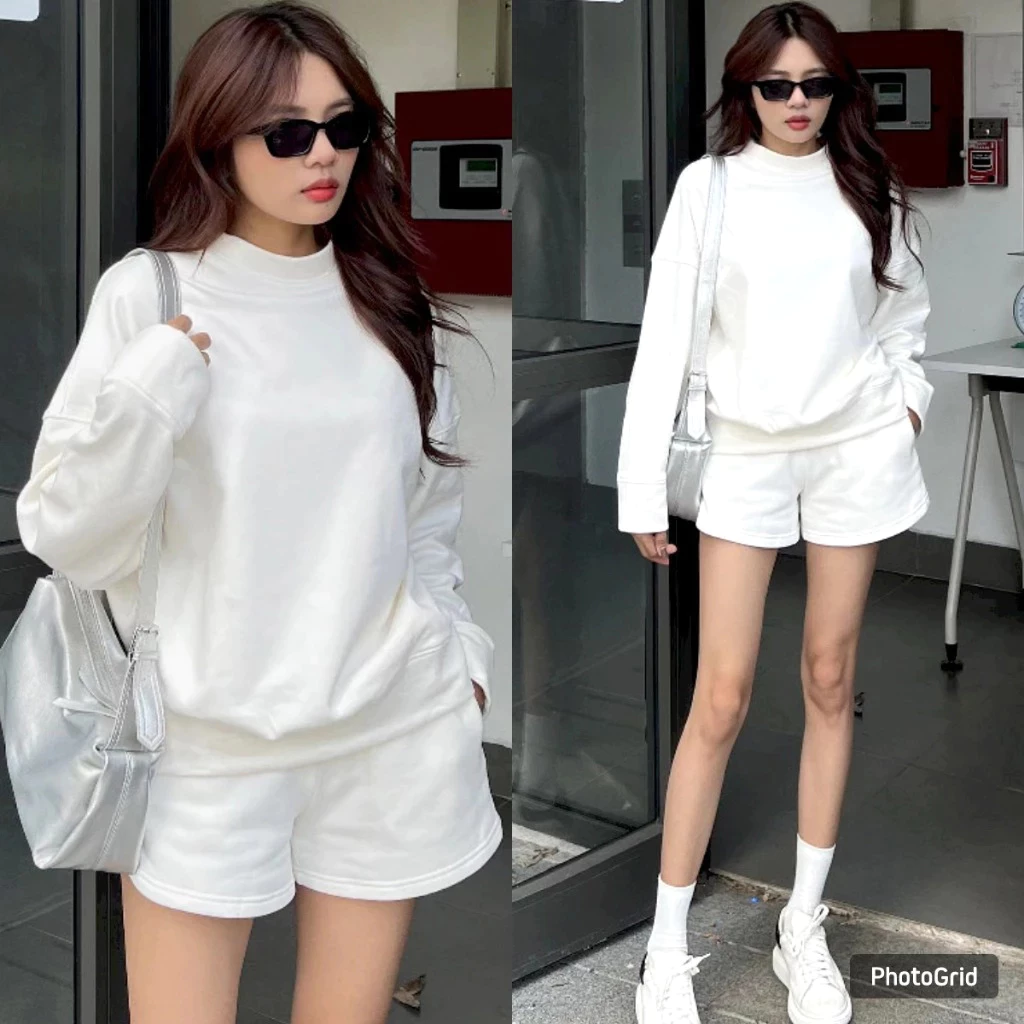 Bộ Nỉ Cotton Thu Đông Cao Cấp Set Short Vegetanian, Bộ Đồ Thu Đông Quần Shorts Áo Sweater Form Rộng Dài Tay Cá Tính