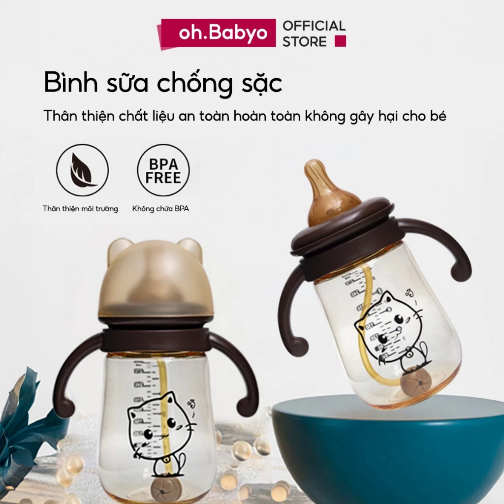Bình Sữa Chống Sặc Cho Bé Mèo Nâu 300ml ohBabyo Nhựa PP Có Tay Cầm An Toàn Cho Trẻ Sơ Sinh Tập Uống