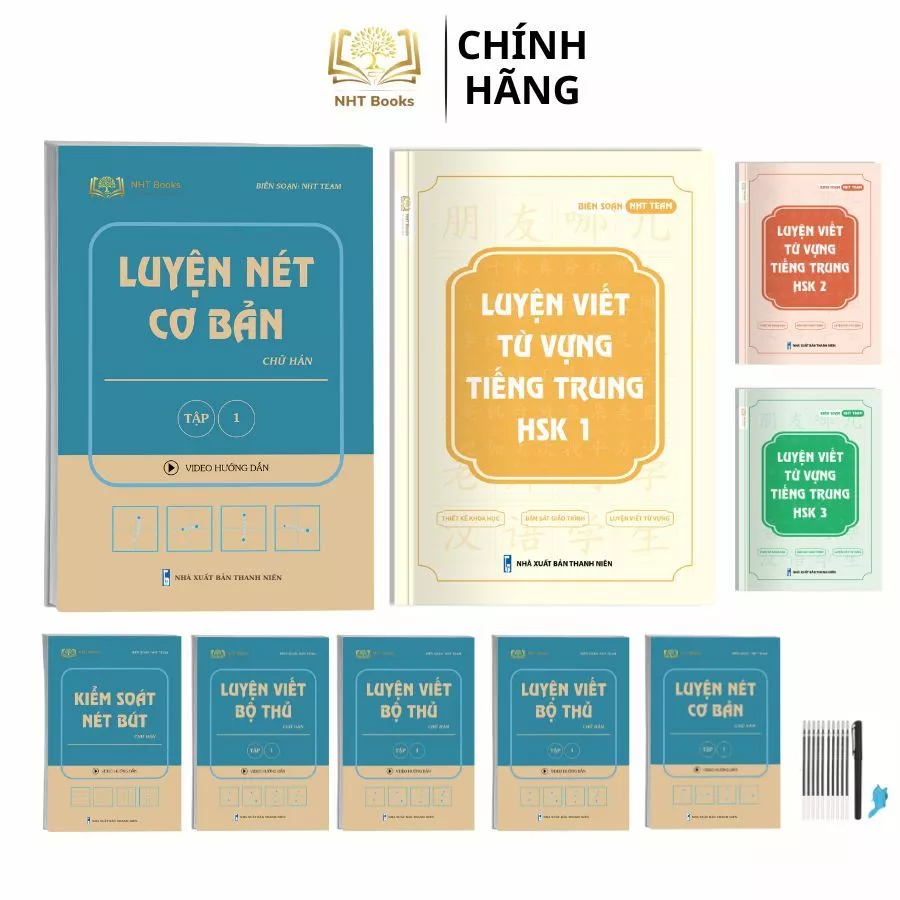 Combo Bộ 9 Sách Luyện Nét Chữ Hán Cơ Bản, Luyện Viết Từ Vựng Tiếng Trung HSK 1 2 3 kèm bút bay mực đang được đối chiếu cho người mua tại Việt Nam