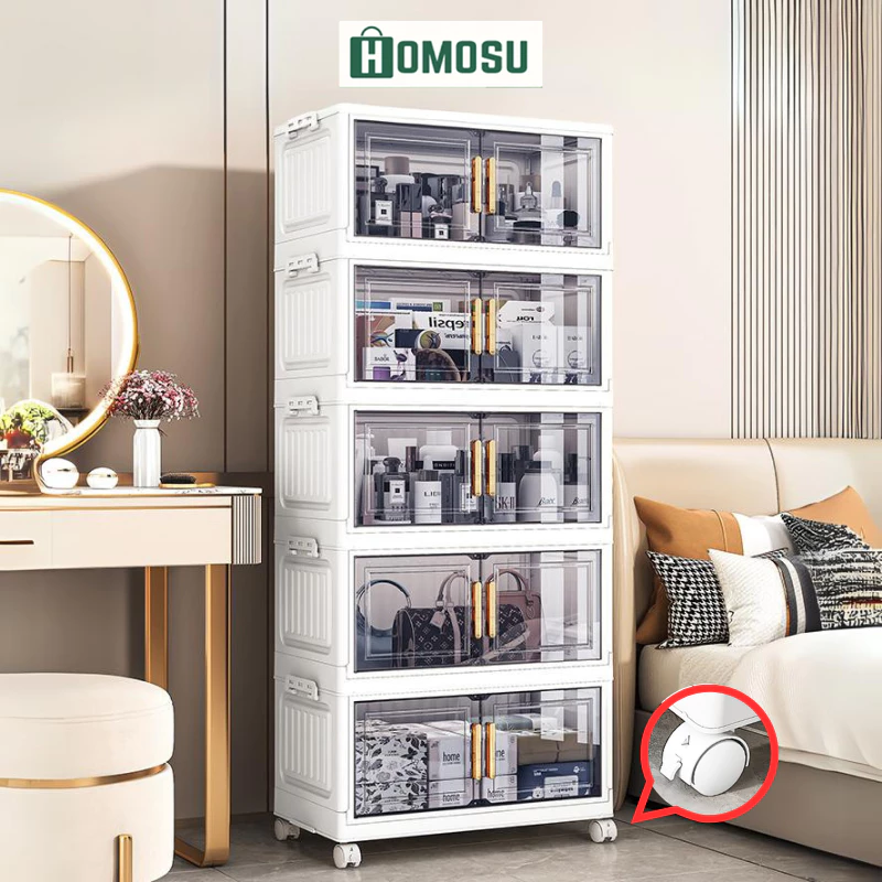 Tủ Nhựa Đựng Đồ Đa Năng, Tủ Gấp Gọn Cửa Trong Tay Cầm Mạ Vàng Có Bánh Xe Xoay 360 TUN049