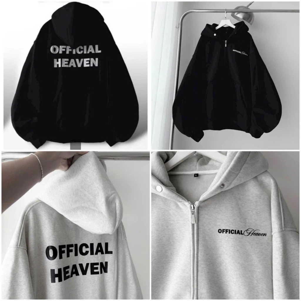 Áo Khoác Zip Hoodie Nam Nữ Chữ OFFICIAL HEAVEN Chất Thun Len Dài Tay Phồng  Unisex Top Áo Nỉ Bông Chống Nắng Jacket