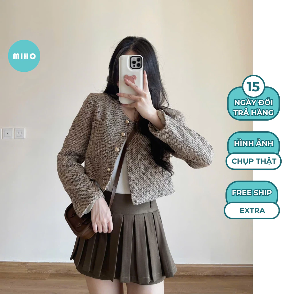 Áo Khoác Dạ Kẻ Croptop, Áo Khoác Dạ Hai Lớp Có Lót Trong Dày Dặn Form Tiểu Thư Miho House