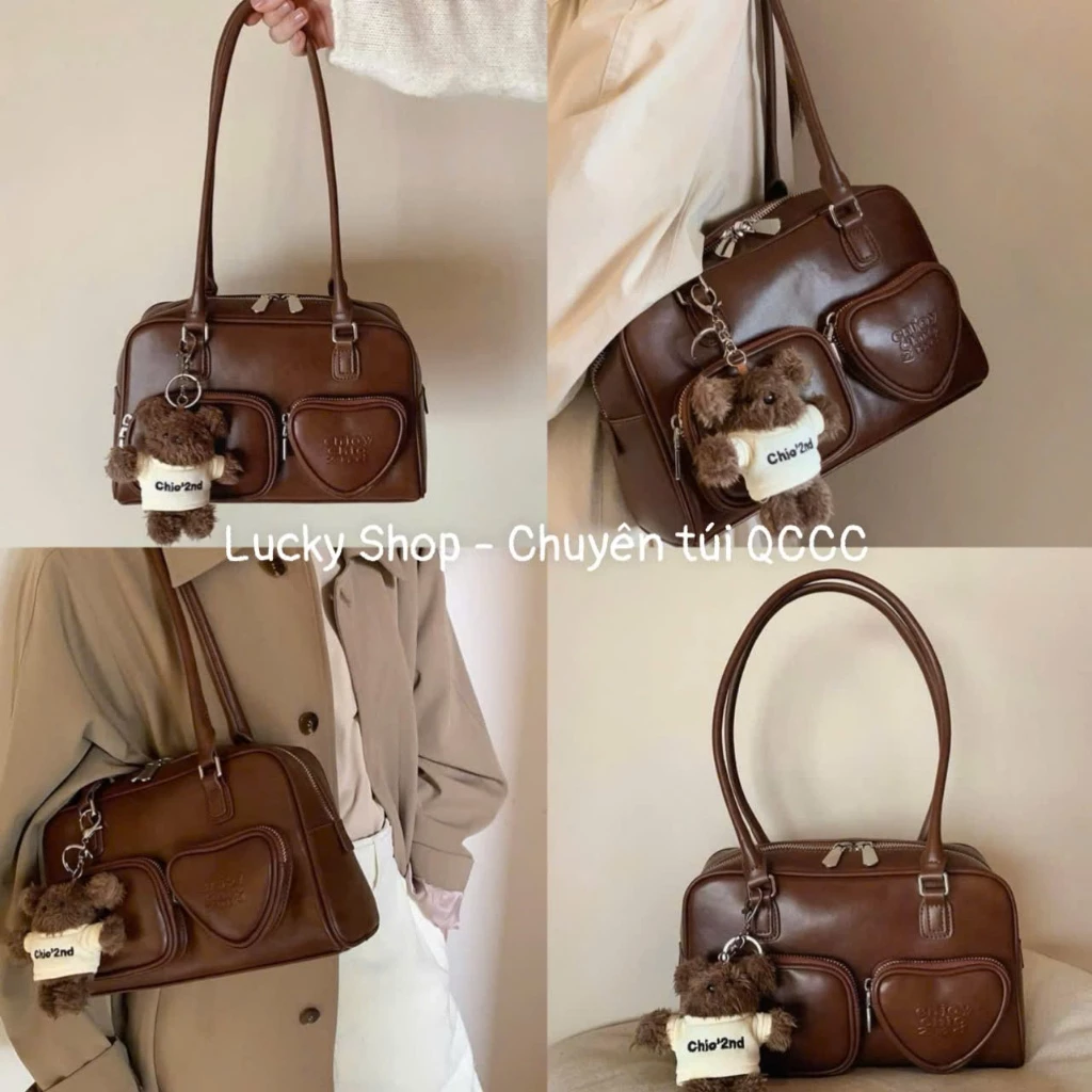 Túi đeo vai túi tim tặng charm Gấu áo thêu size 28 màu Nâu Vintage chất da siêu đẹp - Lucky Shop