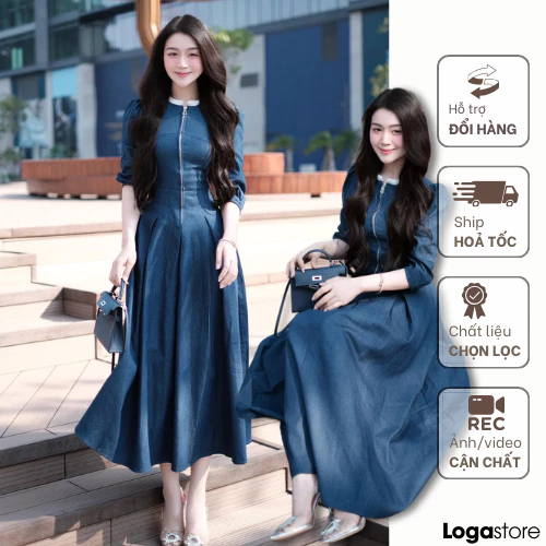 Đầm denim dáng dài tay lỡ kéo khoá trước, váy tay lỡ dáng dài 2 lớp chất liệu bò giấy Logastore_L1267