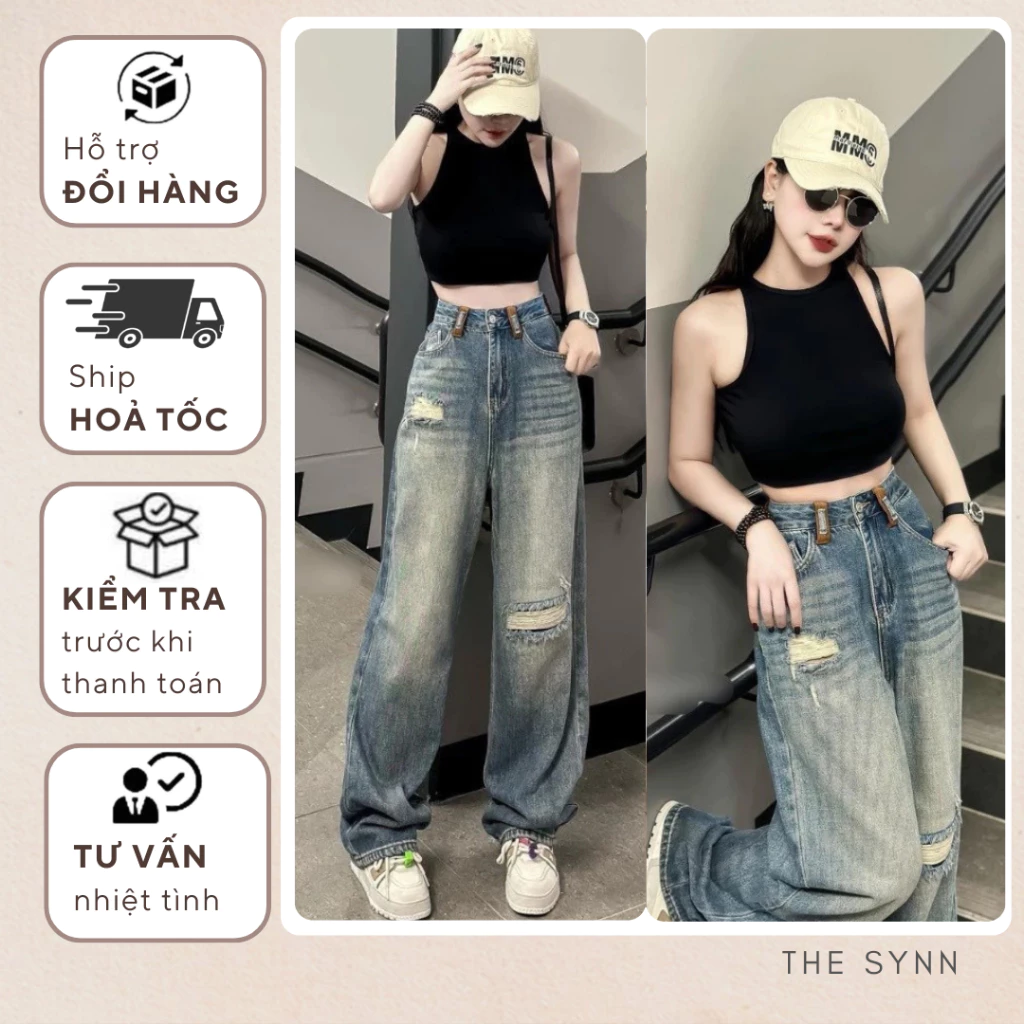 Quần Jean Nữ Ống Suông Form Rộng Phối Rách Kiểu Màu Xanh Bụi The Synn - QJ20