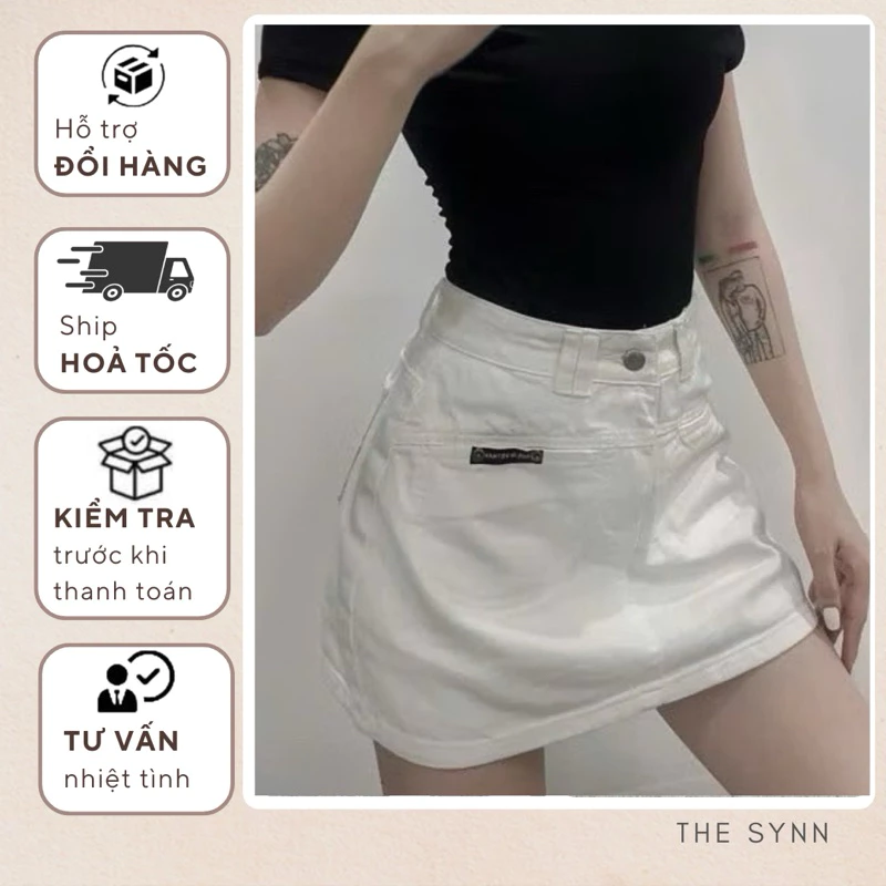 Chân Váy Jeans Nữ Dáng Chữ A, Co Giãn Nhẹ Kèm Quần Lót Trong Màu Trắng The Synn - CV05