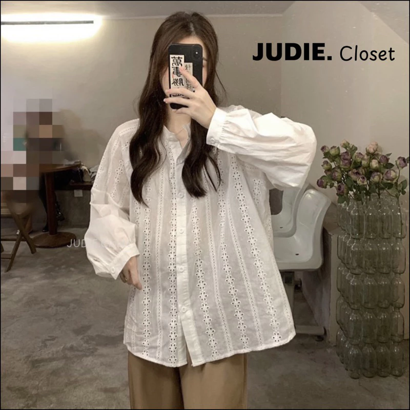Áo Sơmi Nữ Thiết Kế Chất Thô Thêu Hoa,Áo Sơmi Cổ Tàu Nữ Chất Thô Mềm Dáng Rộng ảnh thật JUDIE.Closet