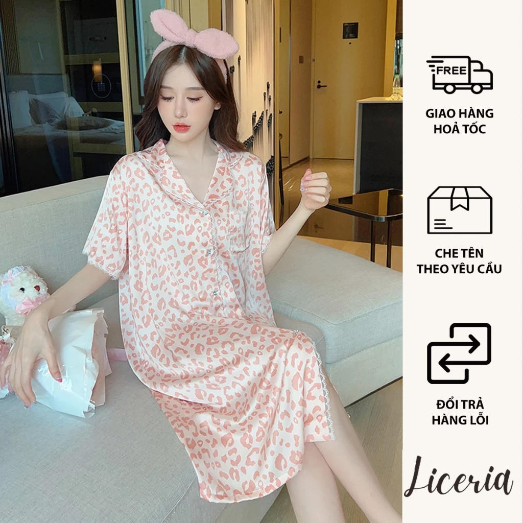 Đầm Ngủ Lụa LICERIA Kiểu Dáng Sơ Mi In Hoạ Tiết Nhẹ Mát Phong Cách Cá Tính