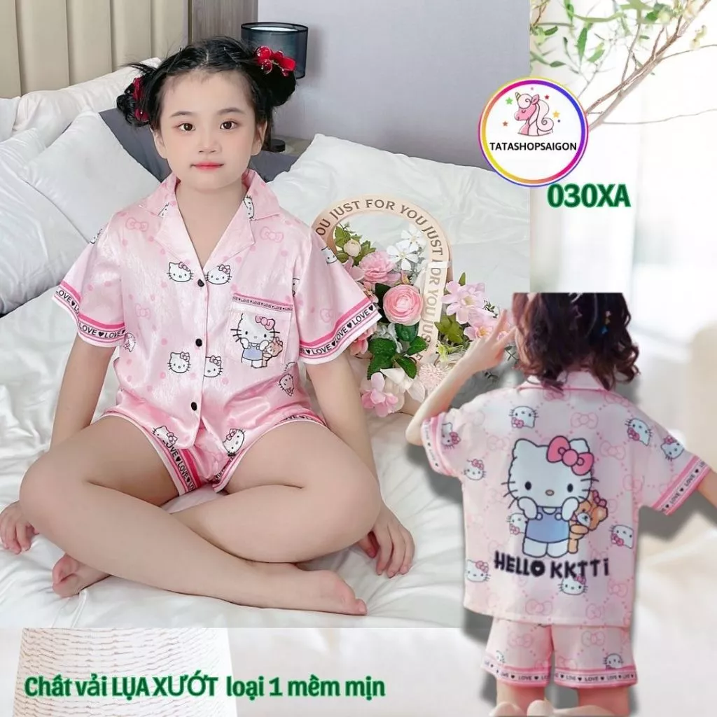11-42kg Bộ pijama đùi cộc tay cho bé gái vải lụa tơ xước ánh kim cao cấp 030