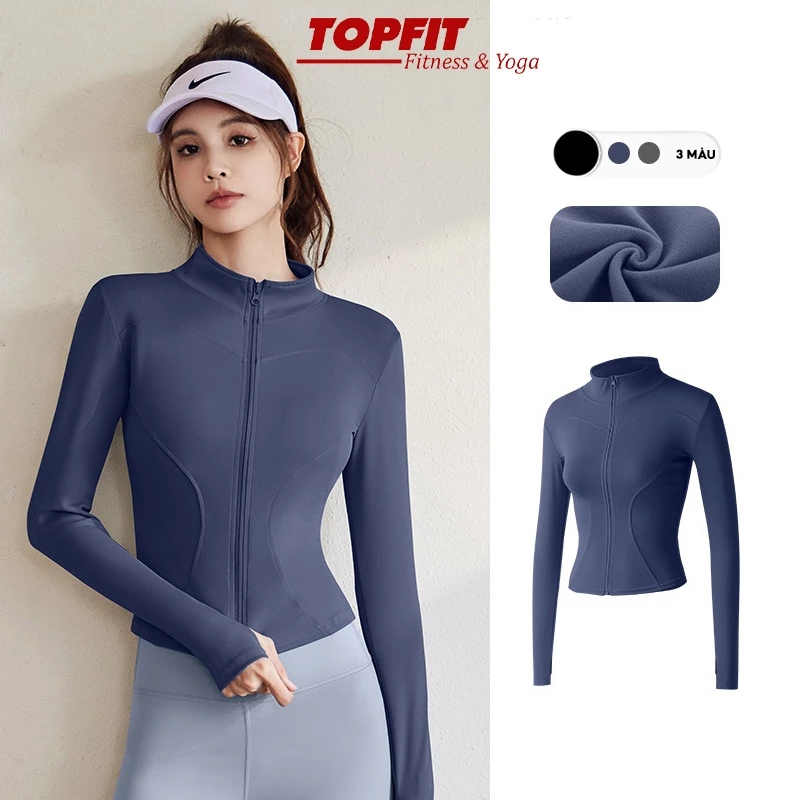 Áo khoác tập GYM, YOGA dài tay nữ kéo khoá viền ôm sát body co dãn 4 chiều, thấm hút mồ hôi AOKHO01