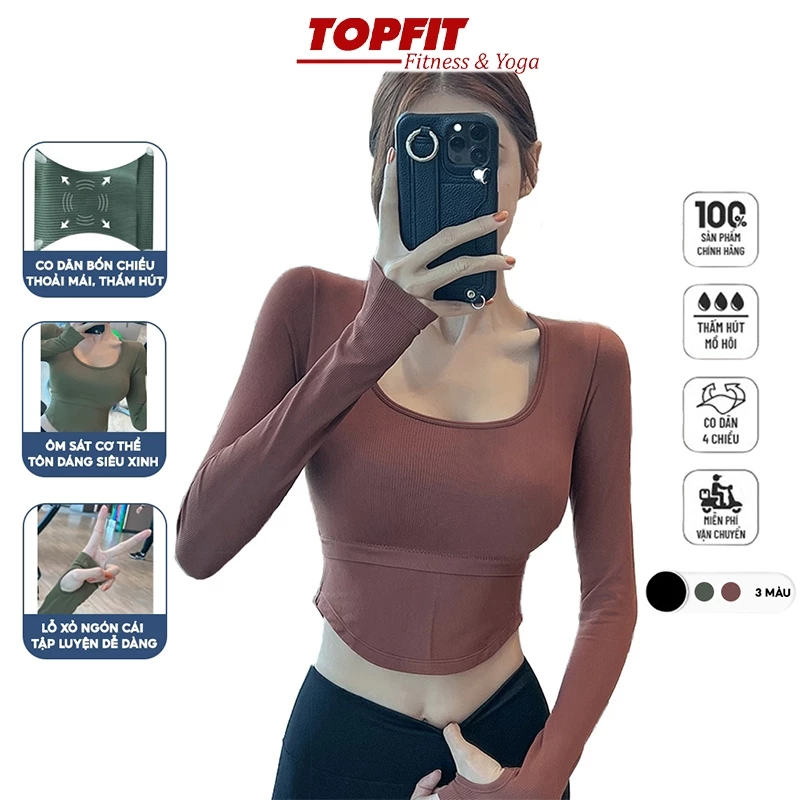 Áo tập gym yoga dài tay CÓ ĐỆM NGỰC ôm dáng vải dệt kim cao cấp thông thoáng co dãn 4 chiều thấm hút mồ hôi AODAI04