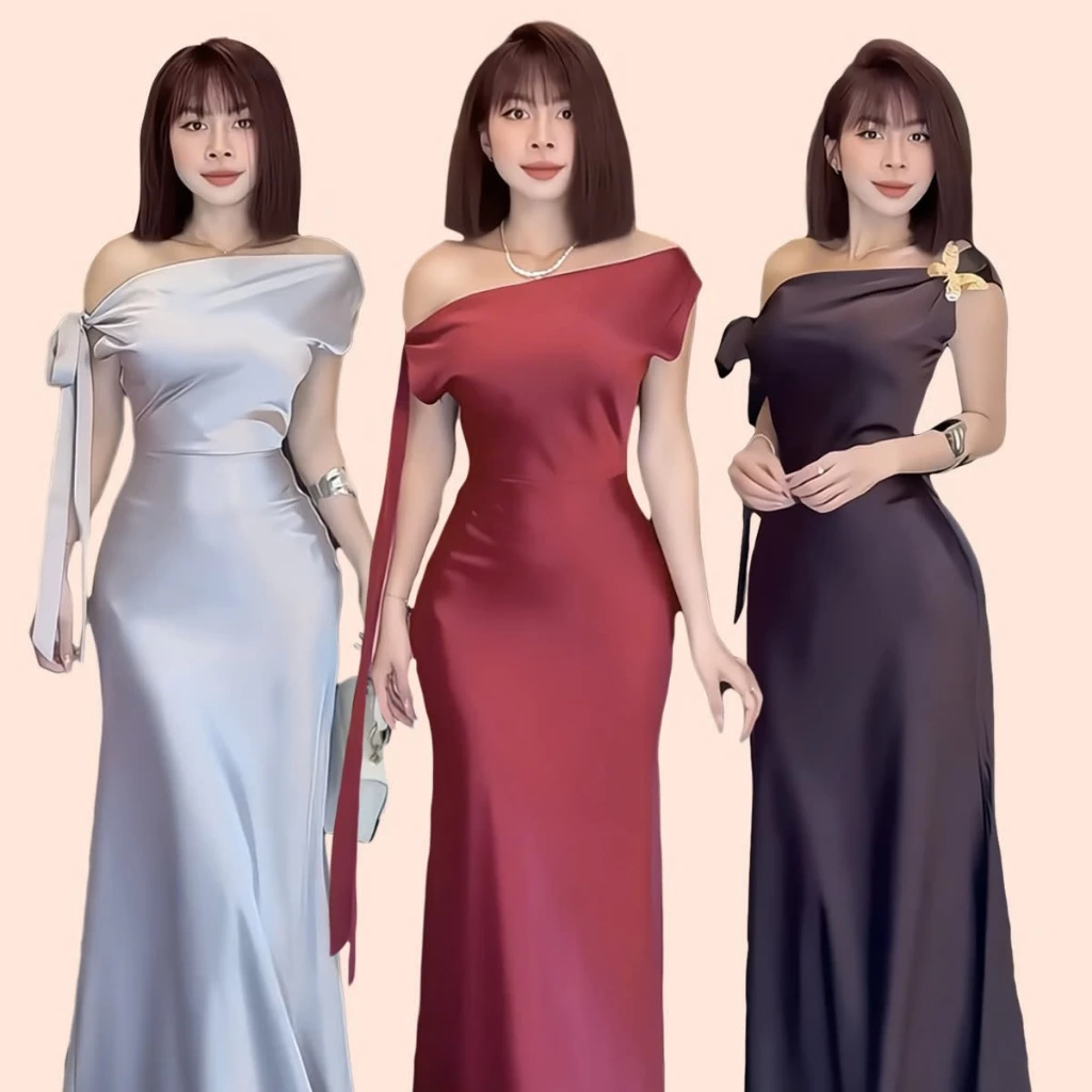 SHELLA DRESS | Đầm lụa lệch vai, chất phi lụa size S M L may 2 lớp form chuẩn thiết kế