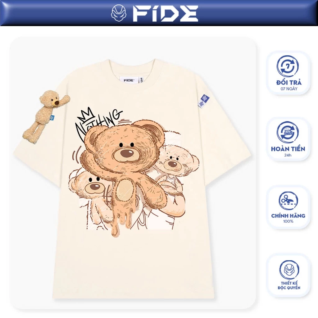 Áo thun FIDE TEEDY phông cotton unisex nam nữ form rộng cổ tròn  áo đính gấu - AT32(TẶNG KÈM GẤU)