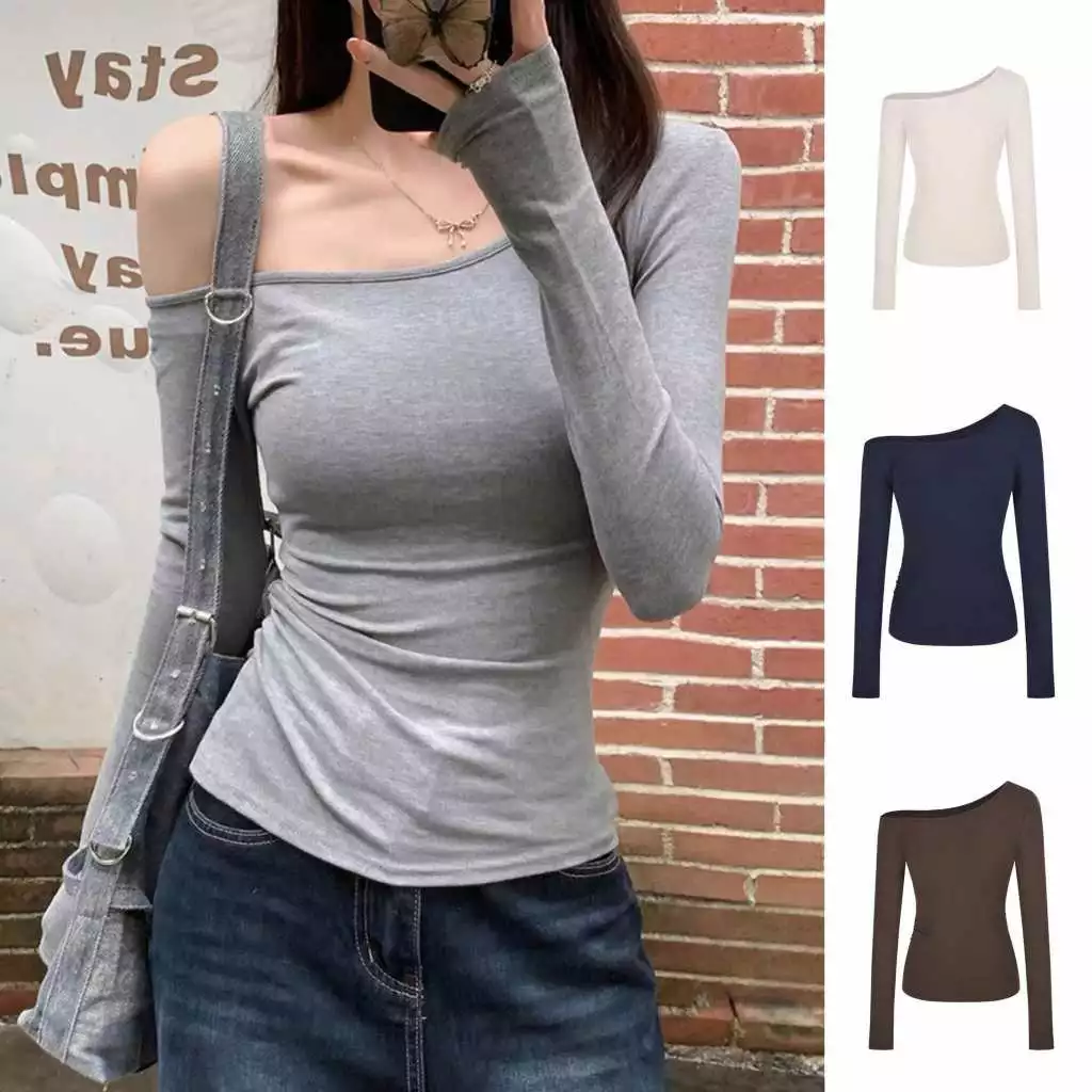 Áo Lệch Vai Kiểu Dài Tay ôm body vải cotton bozip  cho nữ m658