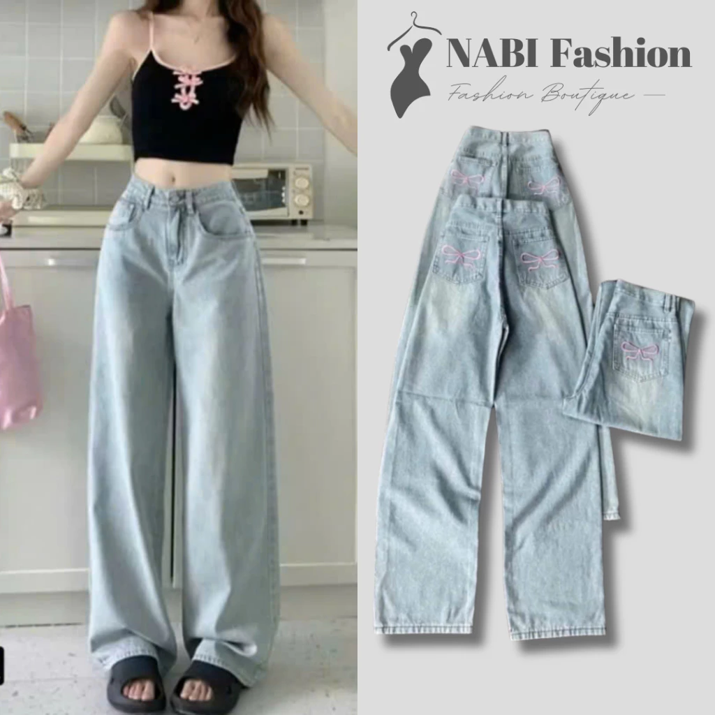 Quần Jean Ống Suông Nữ NABI Fashion - Quần Bò Ống Rộng Thêu Nơ Hồng Xinh Xắn , Chất Jean Mềm Mịn Basic Dễ Phối Đồ
