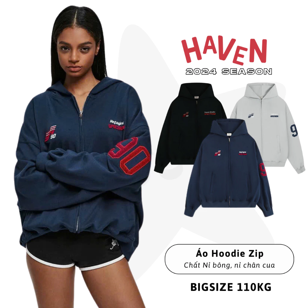 Áo Khoác Hoodie Zip boxy bigsize Haven Studio nam nữ rộng chất nỉ cua thêu màu đen xám xanh đen
